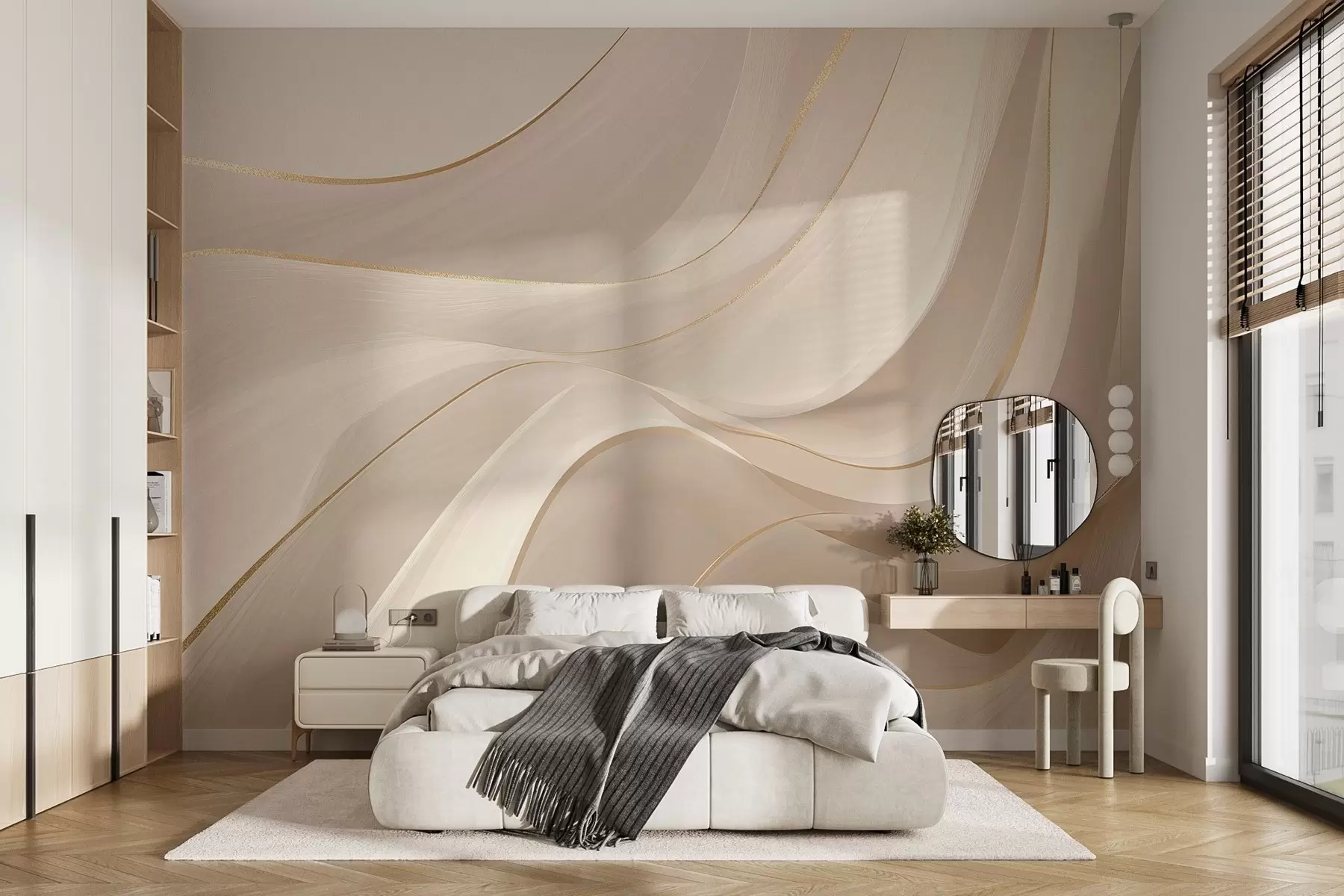 Papier peint Vagues fluides aux accents jaunes dans une lumière crémeuse w09303