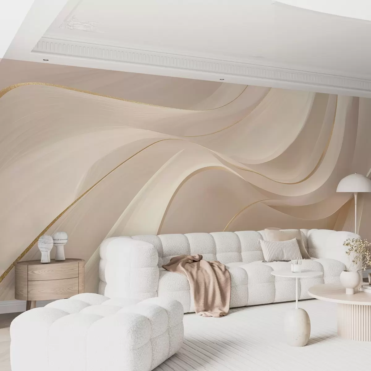 Papier peint Vagues fluides aux accents jaunes dans une lumière crémeuse w09303