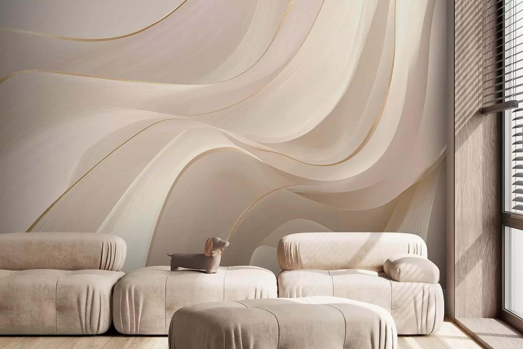 Papier peint Vagues fluides aux accents jaunes dans une lumière crémeuse w09303