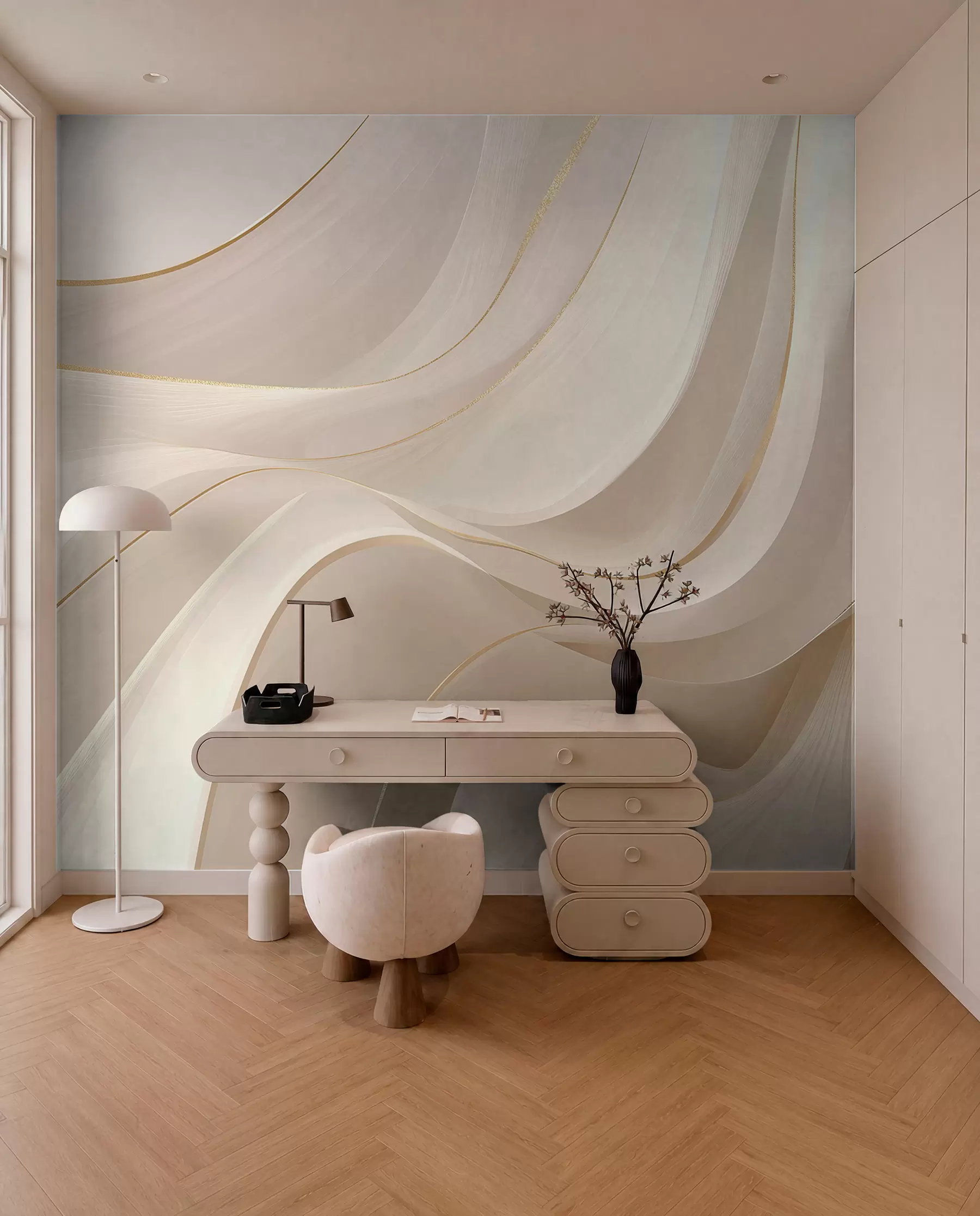 Papier peint Vagues fluides aux accents jaunes dans une lumière crémeuse w09303