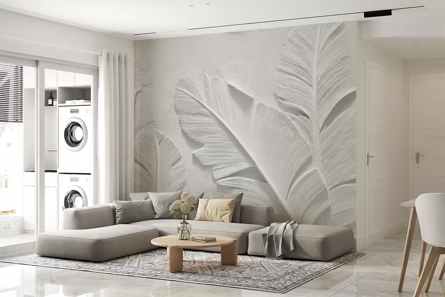 Papier peint Feuilles grises texturées sur fond de faux plâtre en relief w09307