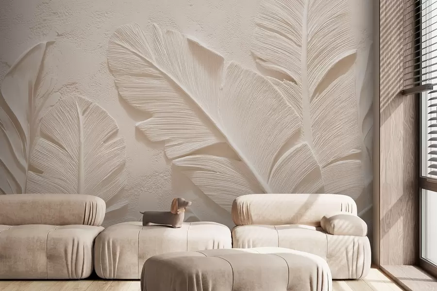 Papier peint Feuilles en relief dans des tons chauds beige-sable w09307v1