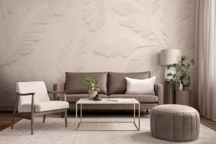 Papier peint Feuilles gaufrées sur un fond clair avec un effet craquelé w09309