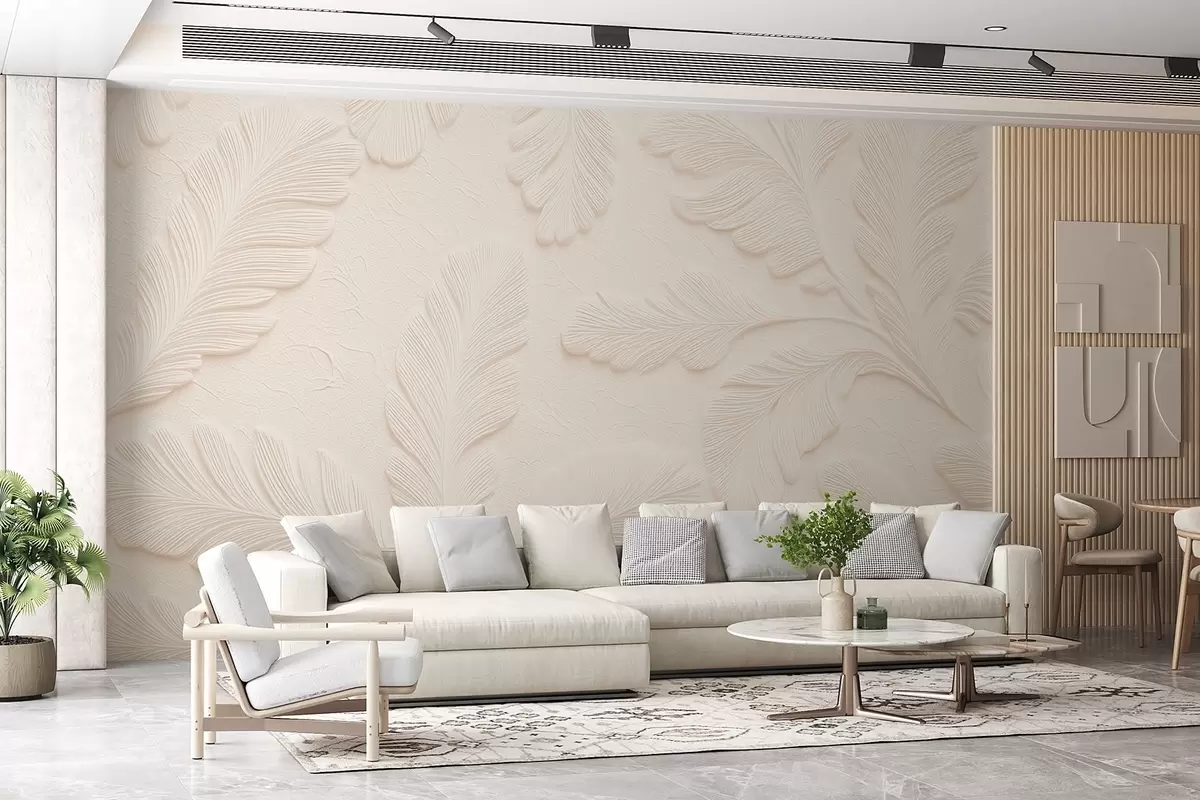 Papier peint Feuilles en relief en gris avec un effet de texture craquelée w09309