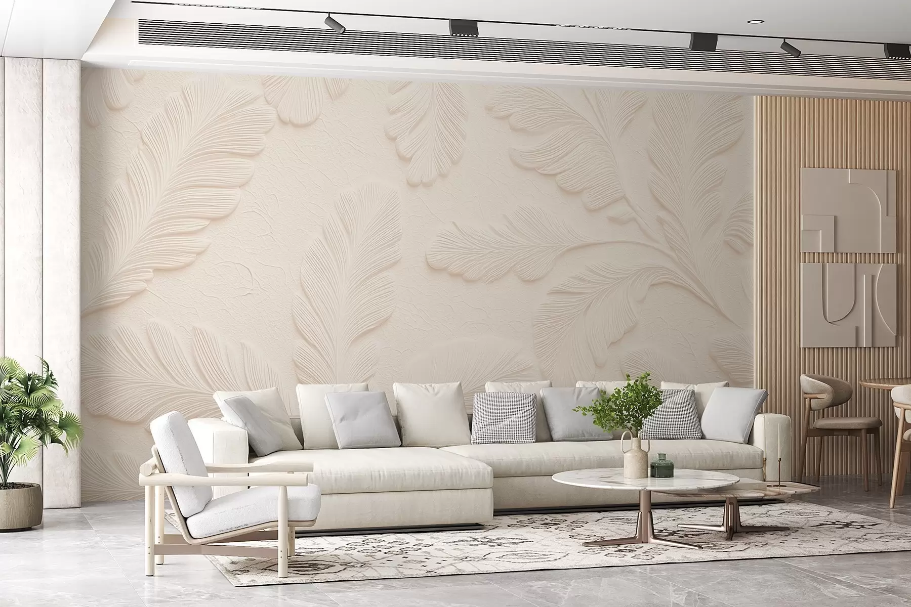 Papier peint Feuilles gaufrées sur un fond clair avec un effet craquelé w09309