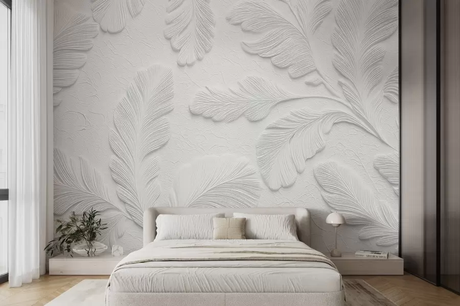 Papier peint Feuilles en relief en gris avec un effet de texture craquelée w09309v1