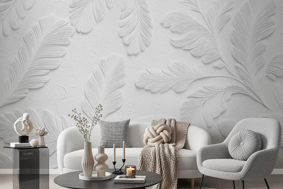 Papier peint Feuilles gaufrées sur un fond clair avec un effet craquelé w09309v1