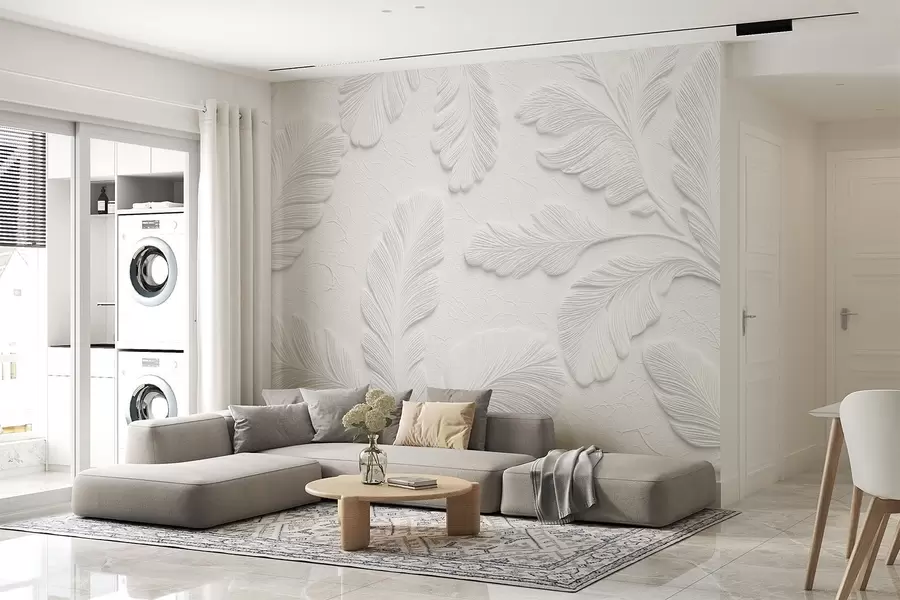 Papier peint Feuilles en relief en gris avec un effet de texture craquelée w09309v1