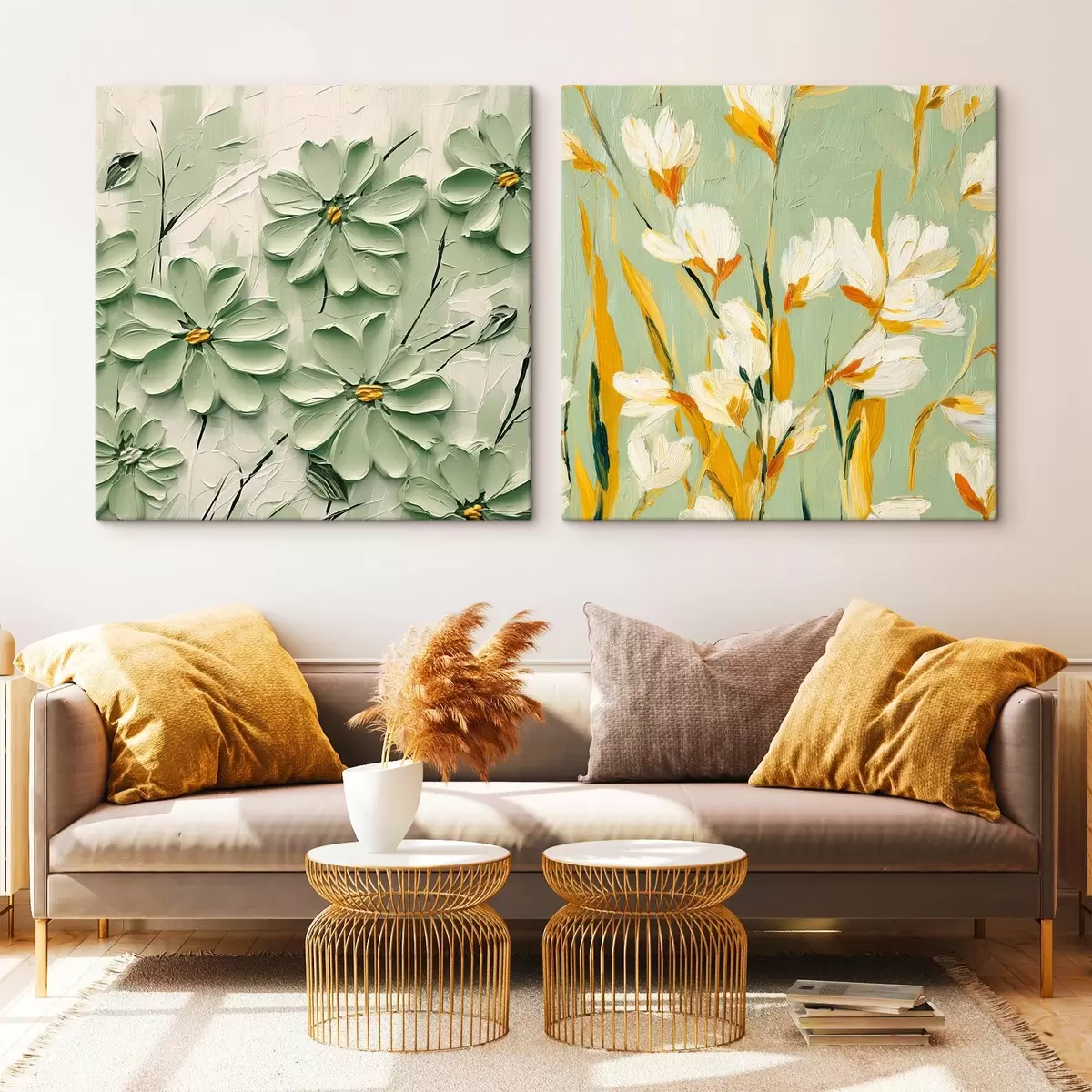 Tableau Prairie fleurie : composition artistique avec des fleurs volumétriques sur un fond pastel m00567