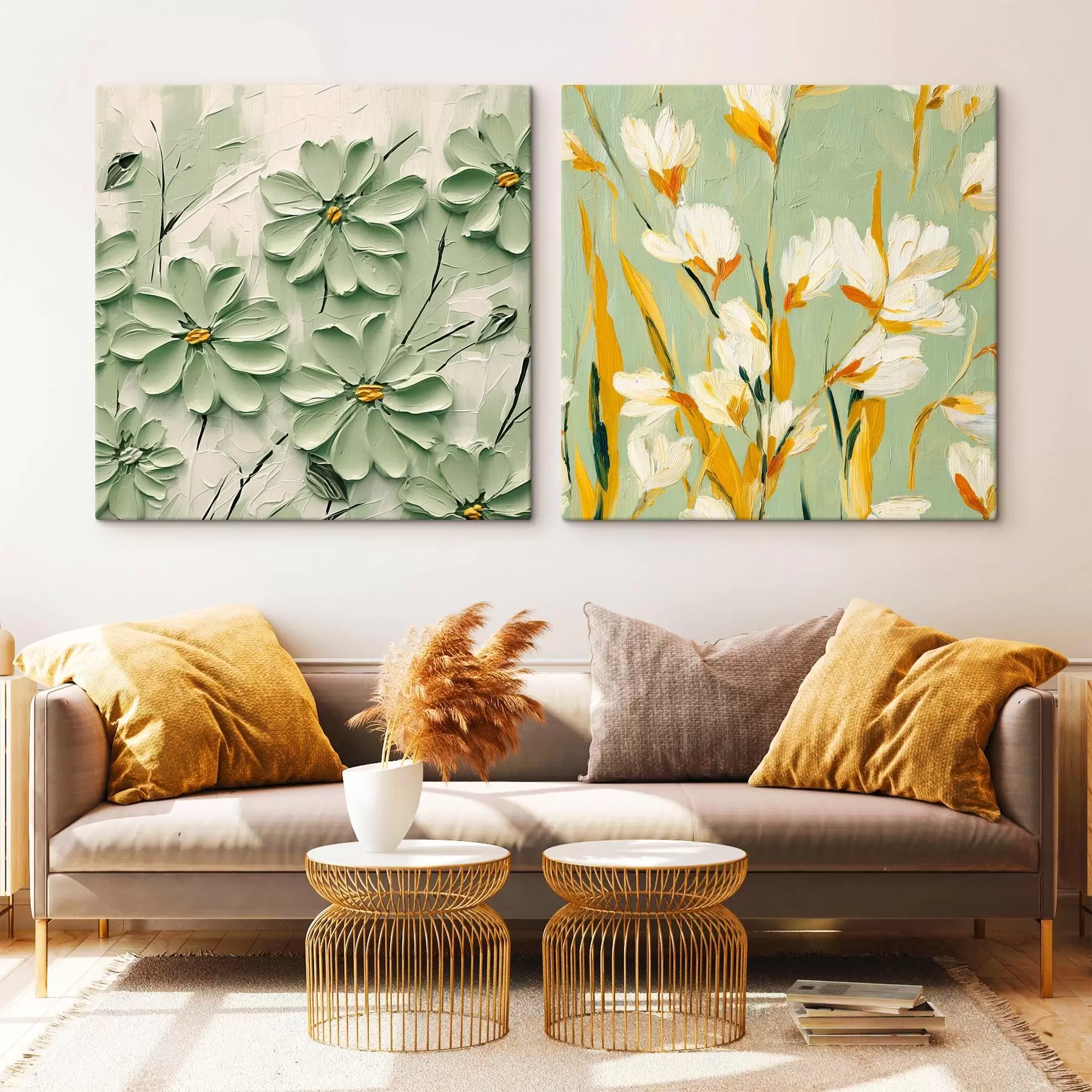 Tableau Prairie fleurie : composition artistique avec des fleurs volumétriques sur un fond pastel m00567