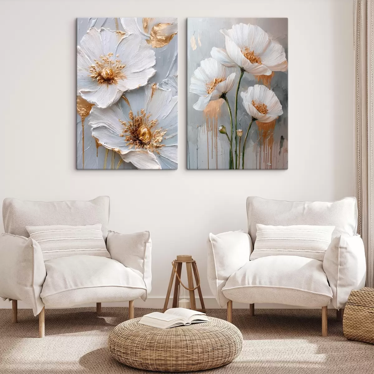 Tableau Peinture volumétrique de fleurs blanches aux accents dorés sur fond gris m00568