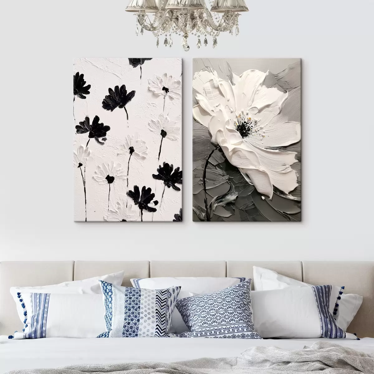 Tableau Diptyque de fleurs blanches et noires dans un style moderne m00571