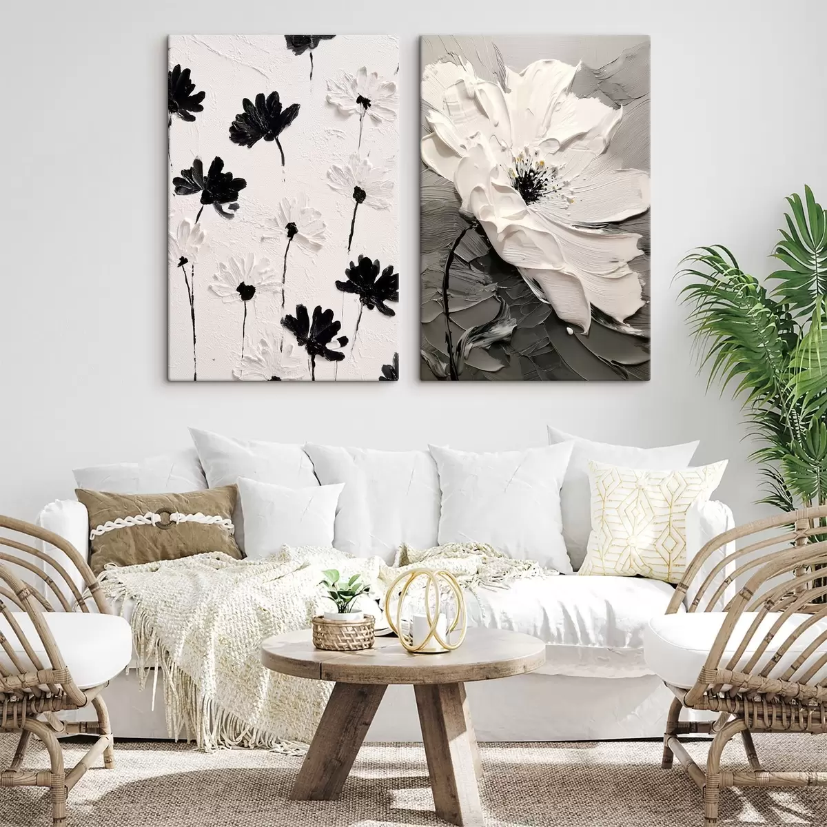 Tableau Diptyque de fleurs blanches et noires dans un style moderne m00571