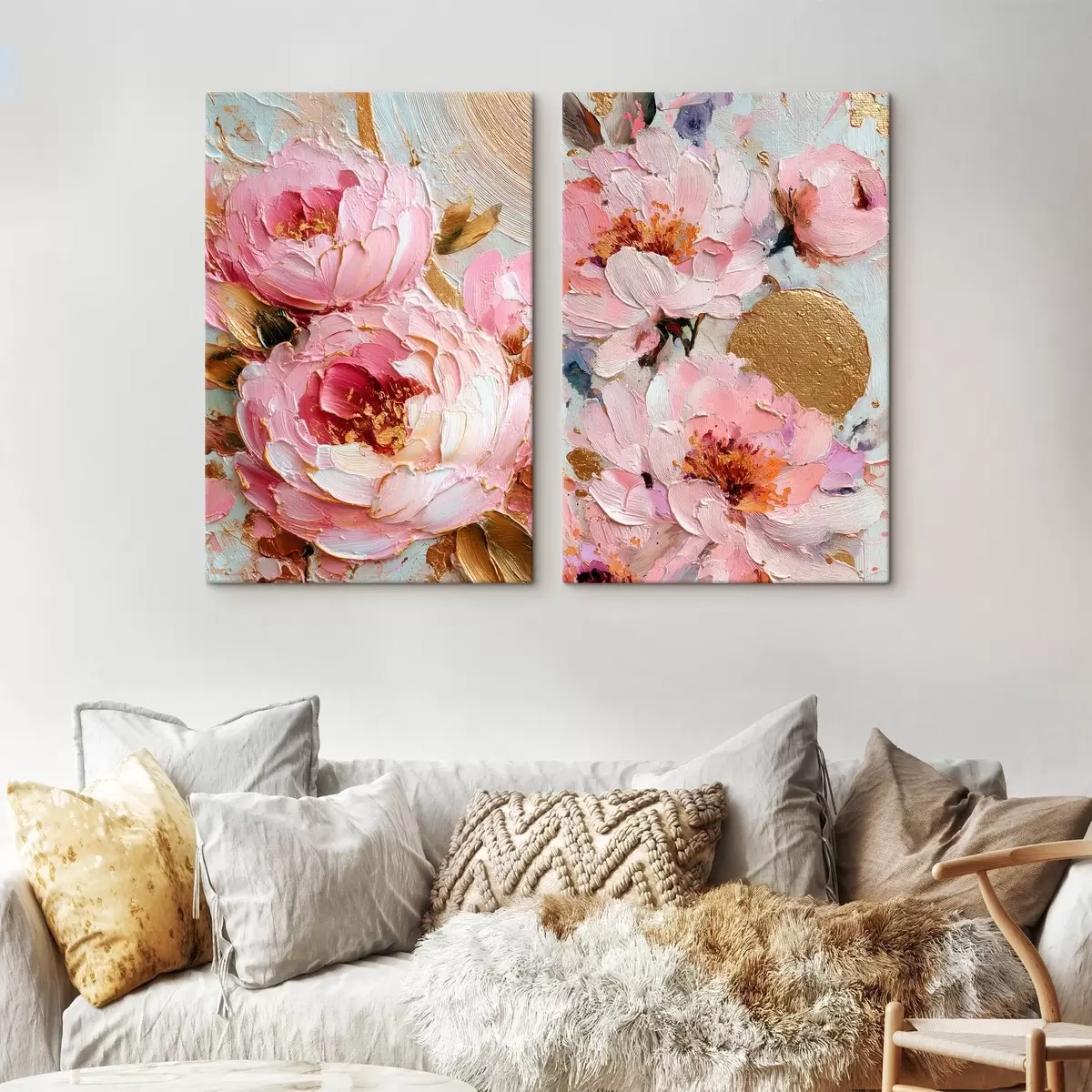 Tableau Peinture volumétrique à l'empâtement avec des pivoines roses et des détails texturés m00573