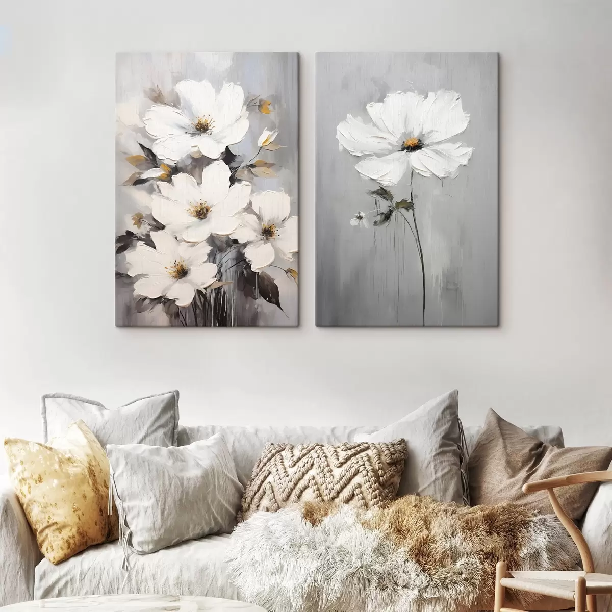 Tableau Composition artistique avec des fleurs blanches et une surface texturée dans un style minimaliste m00574