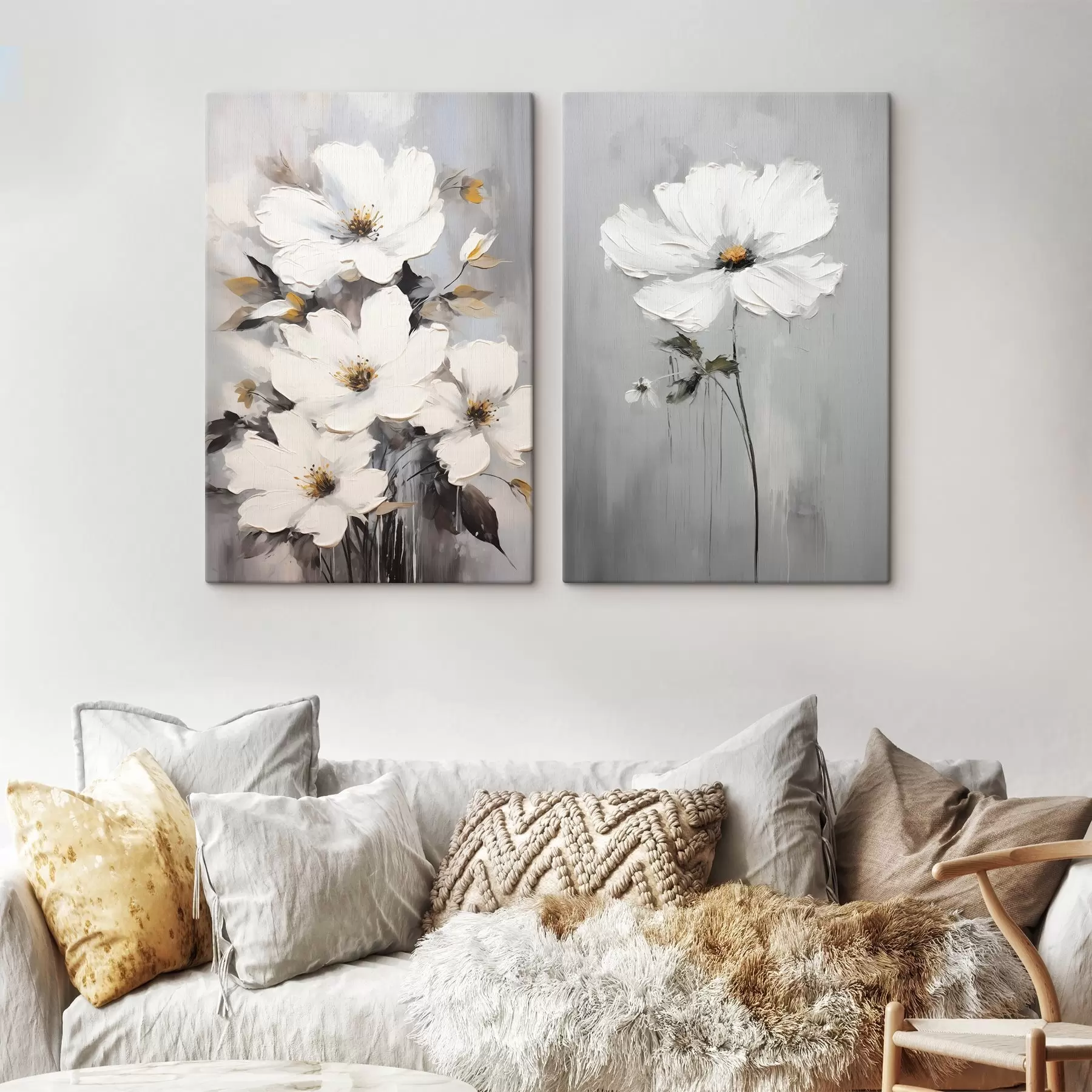 Tableau Composition artistique avec des fleurs blanches et une surface texturée dans un style minimaliste m00574