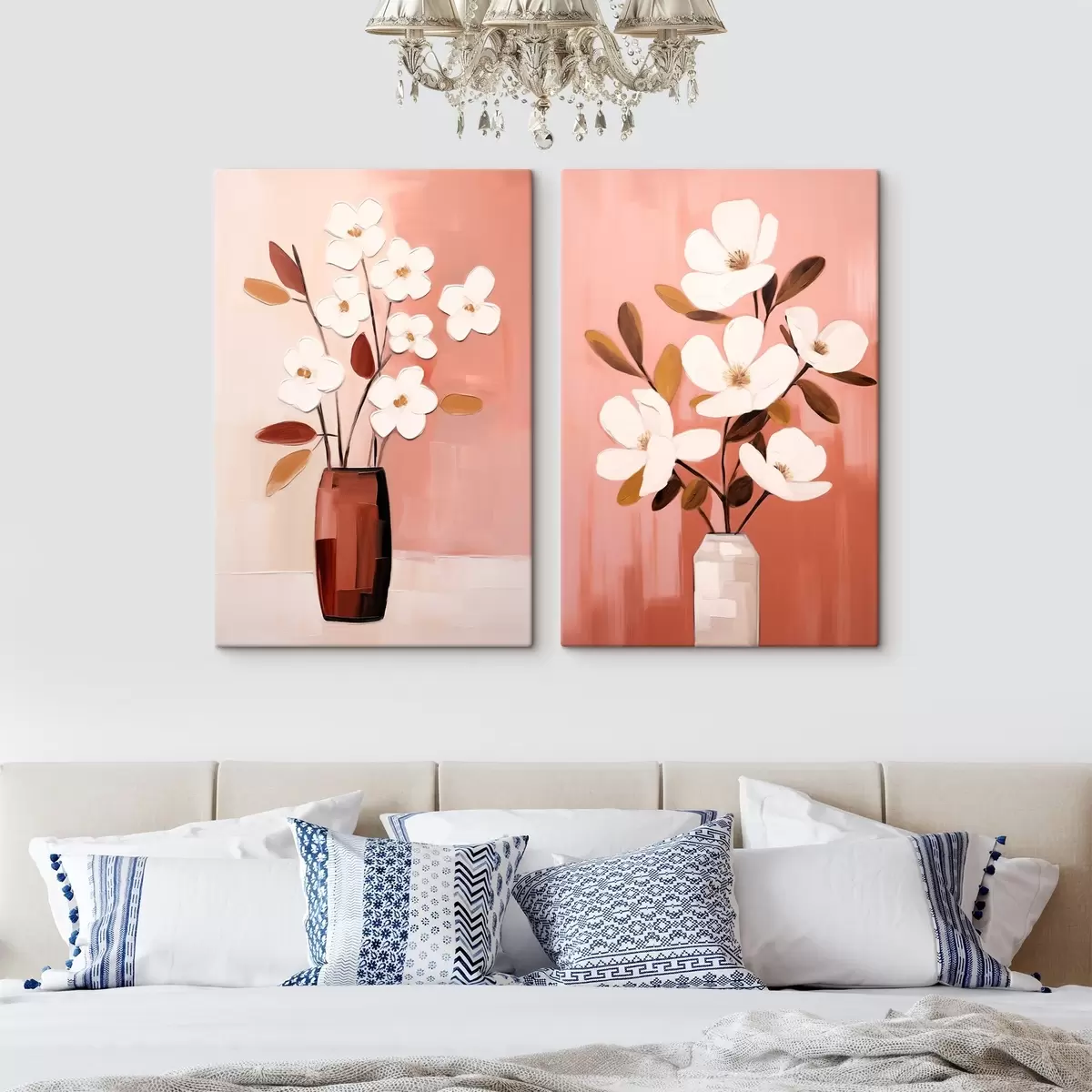 Tableau Composition avec vases contrastés et fleurs blanches texturées m00575