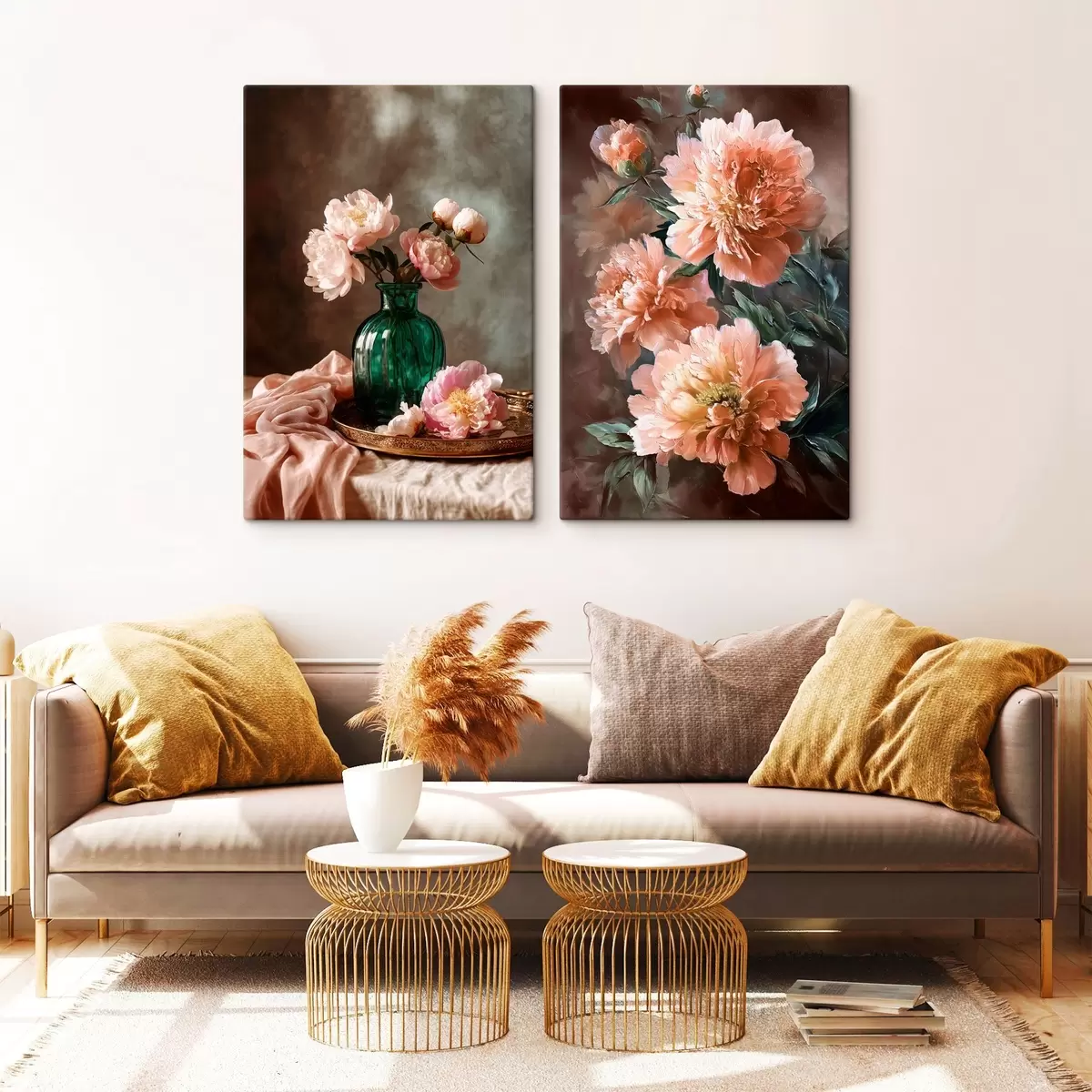Tableau Composition jumelée avec des pivoines roses dans un vase et sur toile m00578