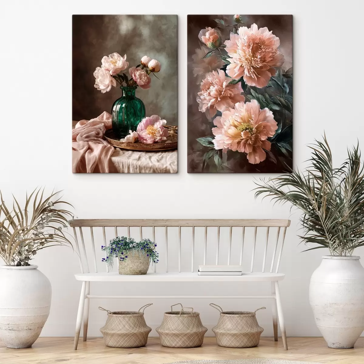 Tableau Composition jumelée avec des pivoines roses dans un vase et sur toile m00578
