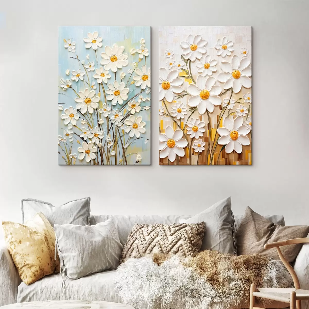 Tableau Fleurs ensoleillées : duo artistique avec des marguerites volumétriques et des accents jaunes m00580
