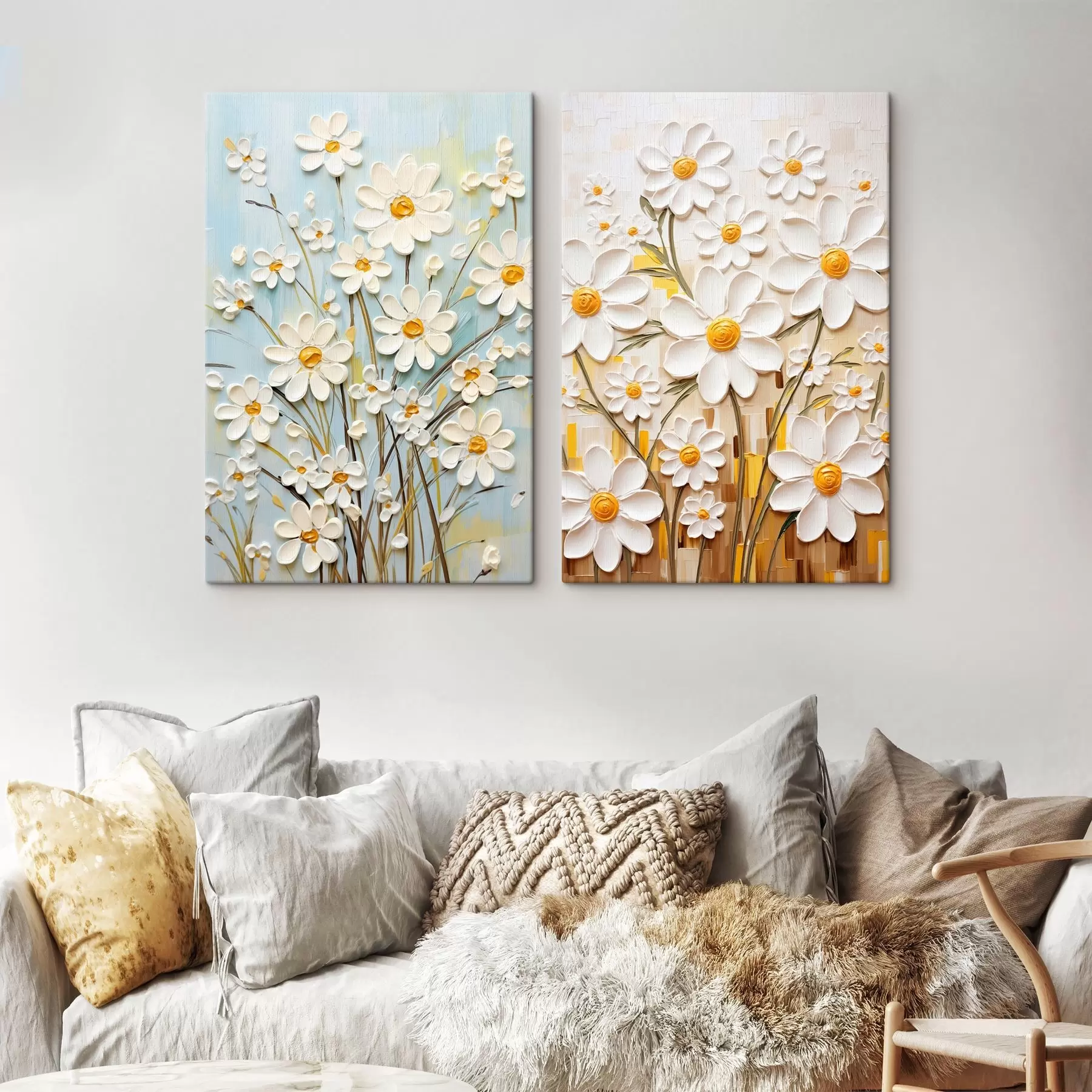Tableau Fleurs ensoleillées : duo artistique avec des marguerites volumétriques et des accents jaunes m00580