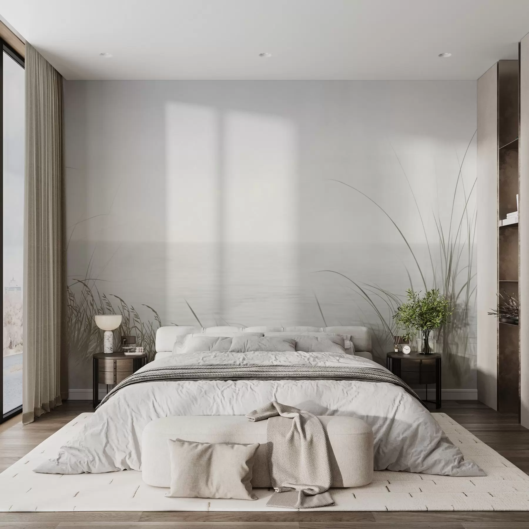 Papier peint Rivage brumeux avec des herbes délicates au premier plan w04339