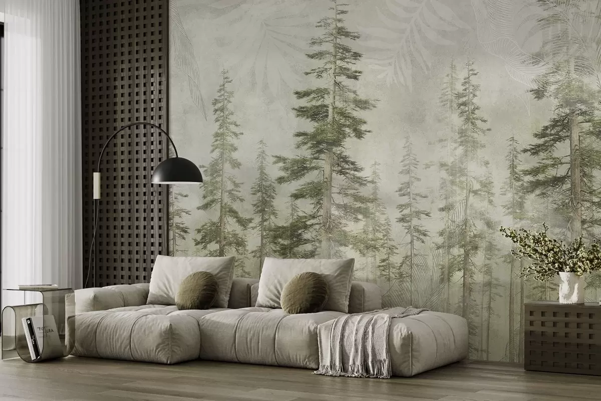 Papier peint Forêt de pins avec texture de papier vintage et motifs fins w04342
