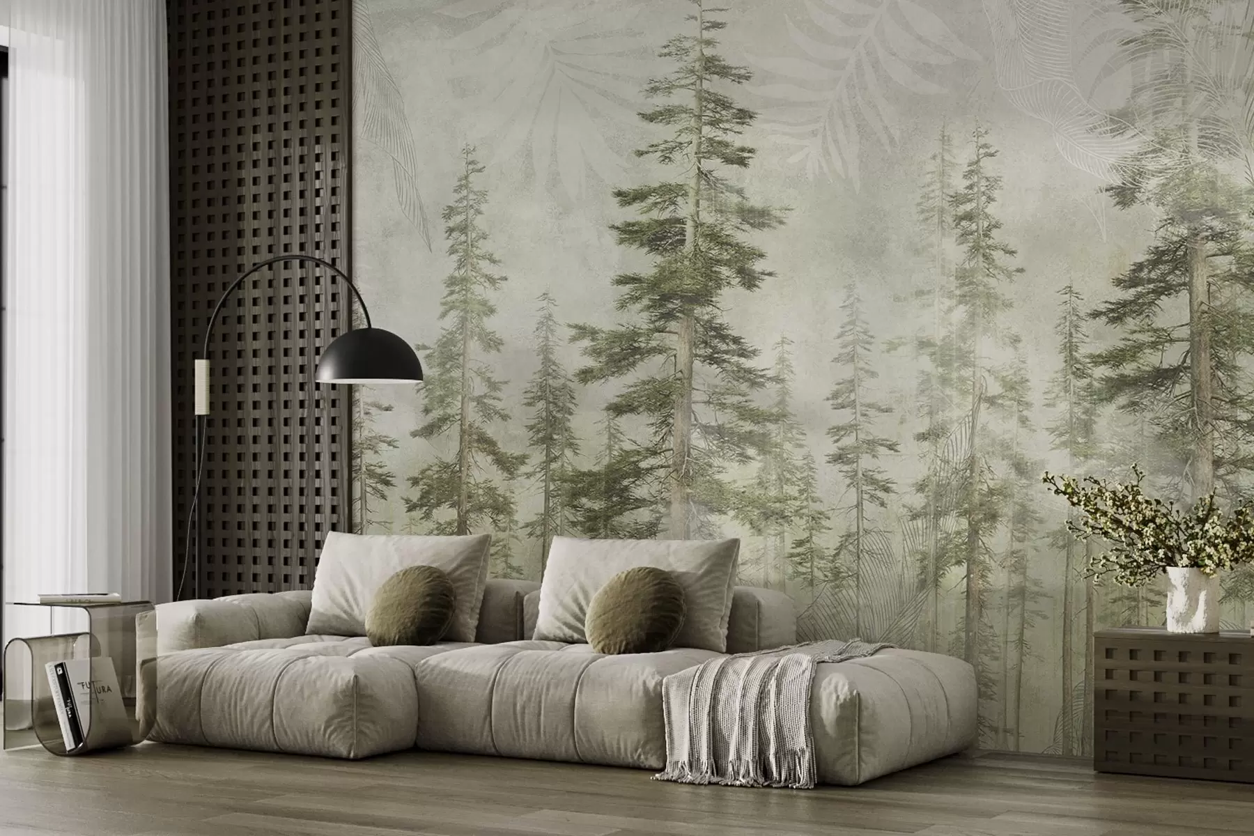 Papier peint Forêt de pins avec texture de papier vintage et motifs fins w04342