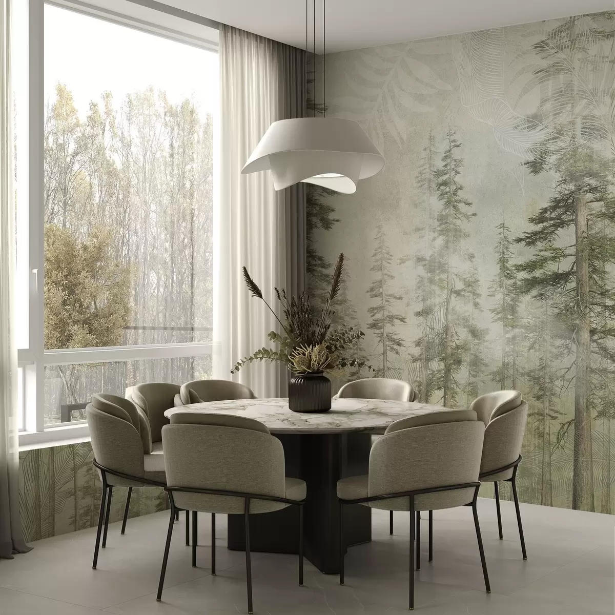 Papier peint Forêt de pins avec texture de papier vintage et motifs fins w04342