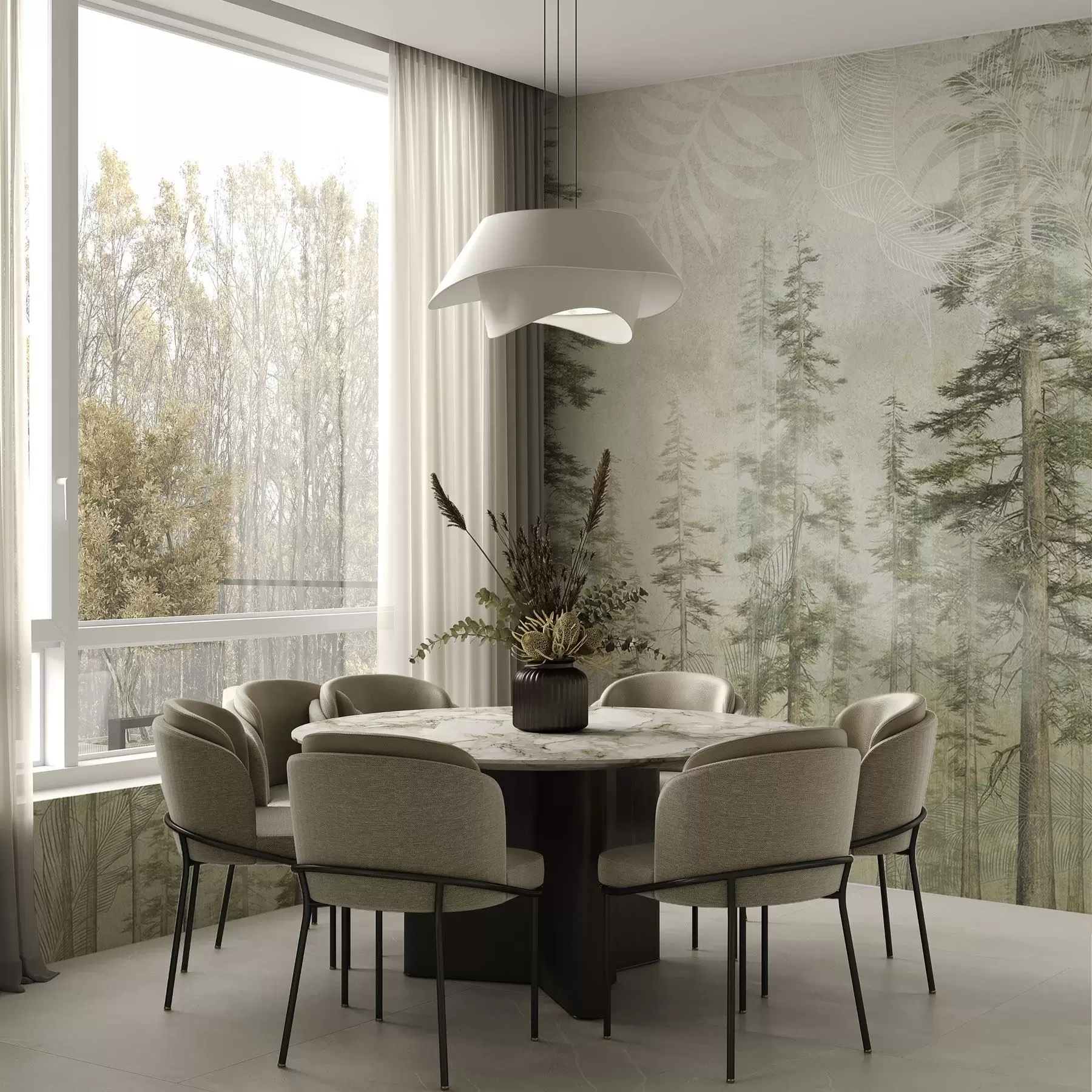 Papier peint Forêt de pins avec texture de papier vintage et motifs fins w04342
