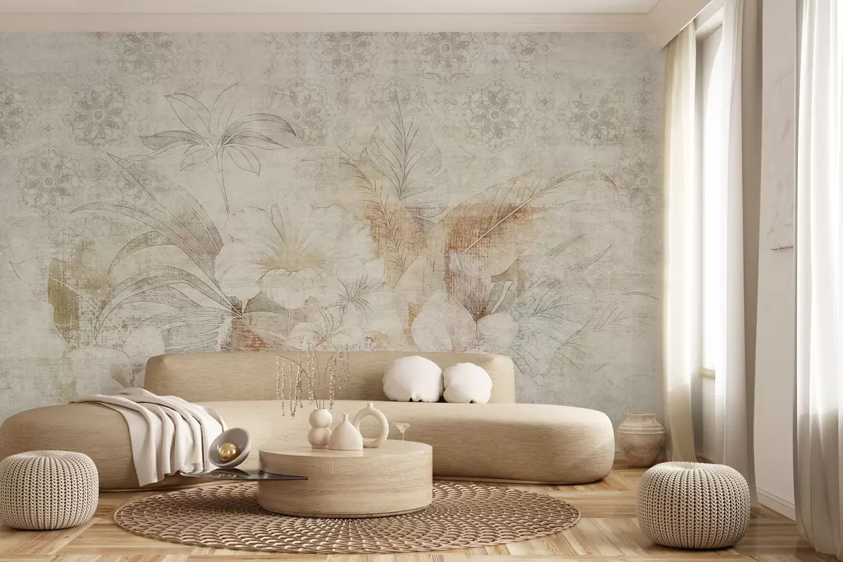 Papier peint Fleurs et feuilles sur fond texturé avec ornements w04343
