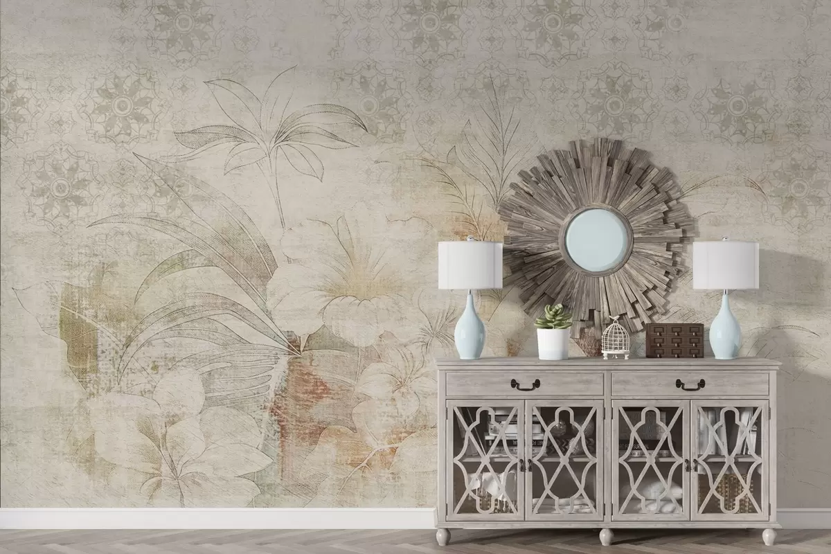 Papier peint Fleurs et feuilles sur fond texturé avec ornements w04343
