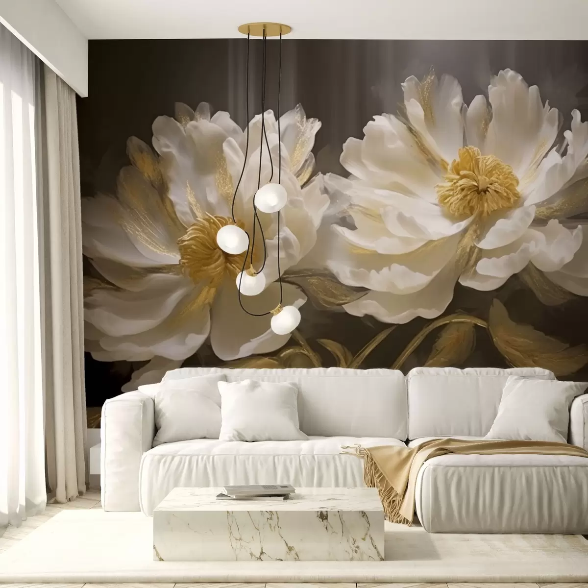 Papier peint Fleurs claires avec des reflets sur fond sombre w04344