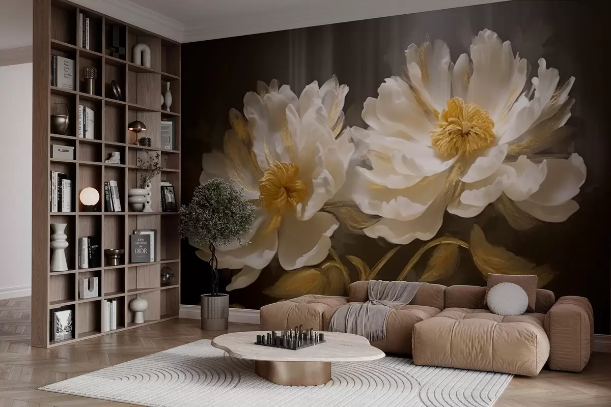 Papier peint Fleurs claires avec des reflets sur fond sombre w04344