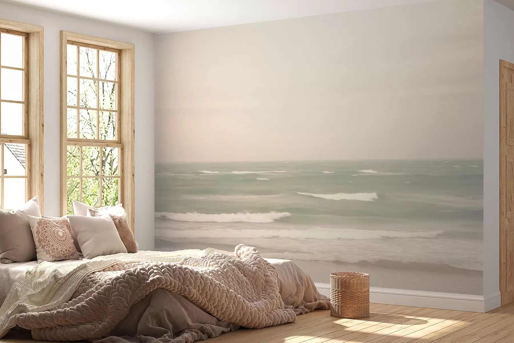 Papier peint Paysage marin rose-vert avec de douces vagues w04348