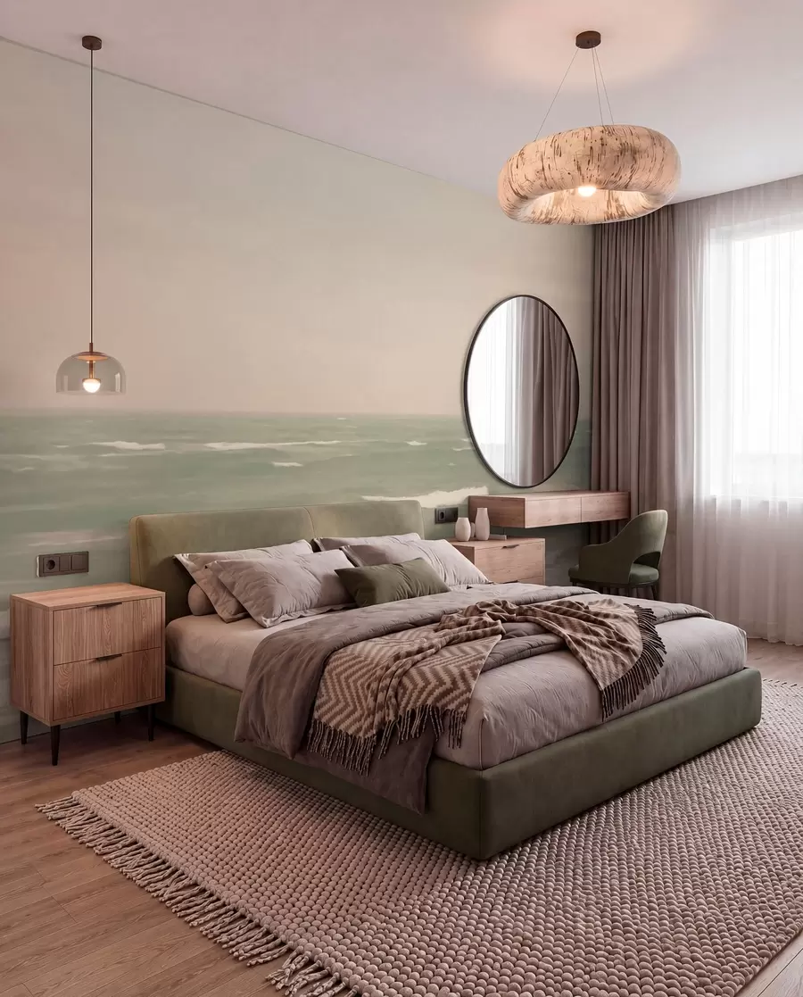 Papier peint Paysage marin rose-vert avec de douces vagues w04348