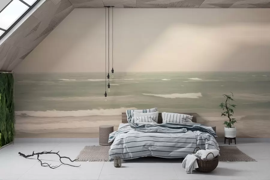 Papier peint Paysage marin rose-vert avec de douces vagues w04348