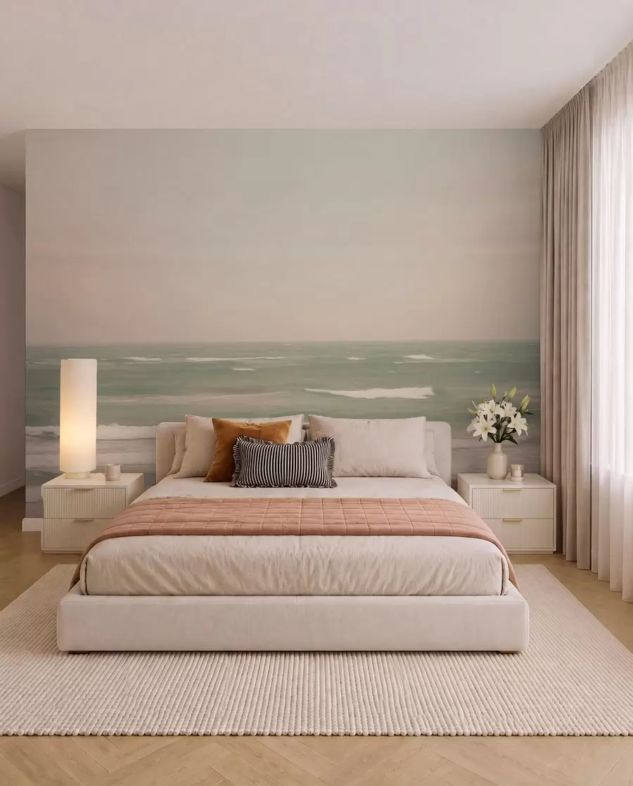 Papier peint Paysage marin rose-vert avec de douces vagues w04348