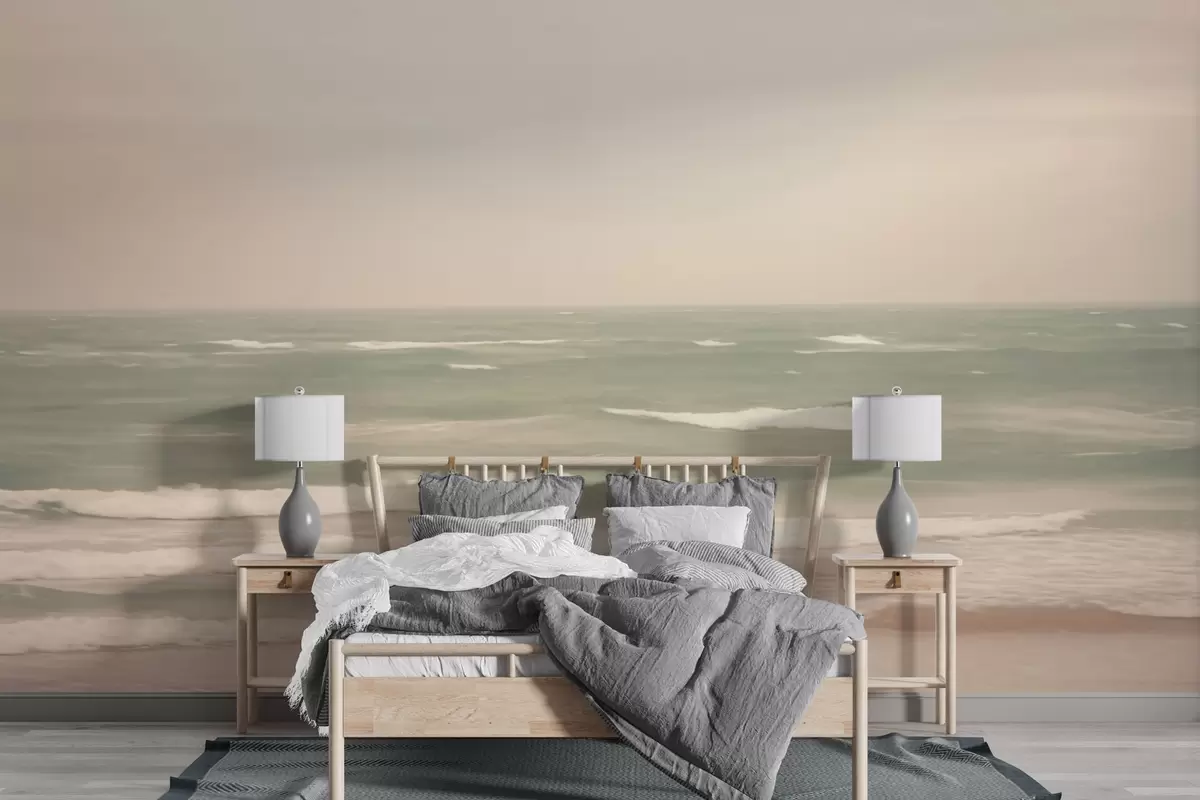 Papier peint Paysage marin rose-vert avec de douces vagues w04348