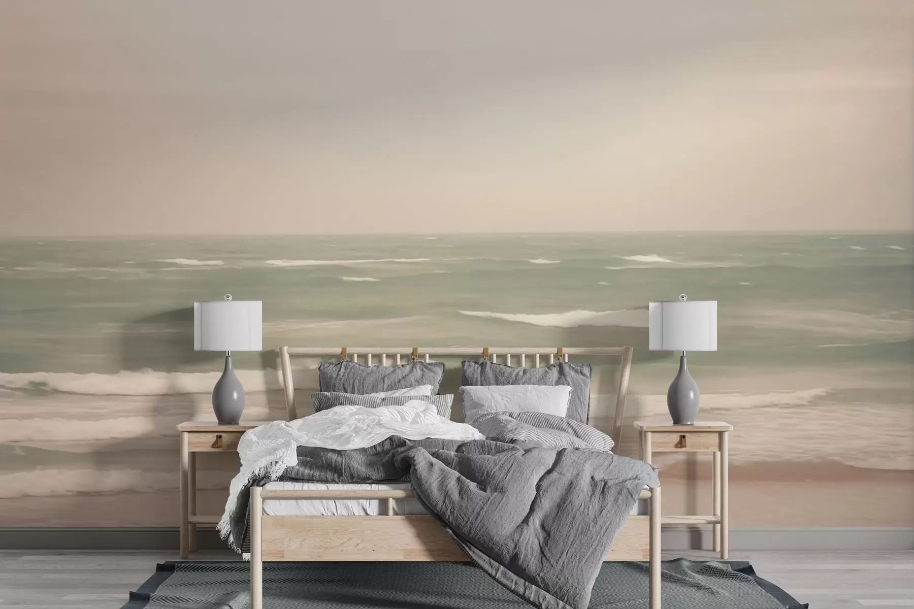 Papier peint Paysage marin rose-vert avec de douces vagues w04348