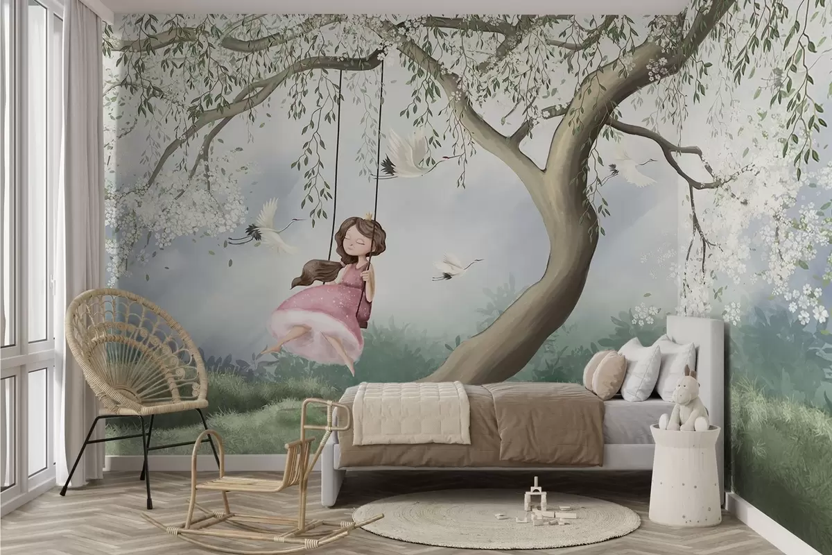 Papier peint Fille sur une balançoire sous un arbre en fleurs avec des oiseaux qui volent autour d'elle w04370