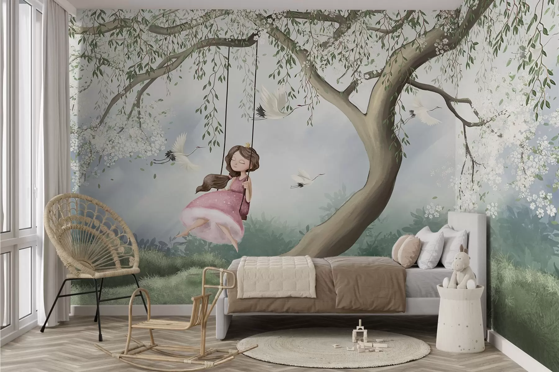 Papier peint Fille sur une balançoire sous un arbre en fleurs avec des oiseaux qui volent autour d'elle w04370