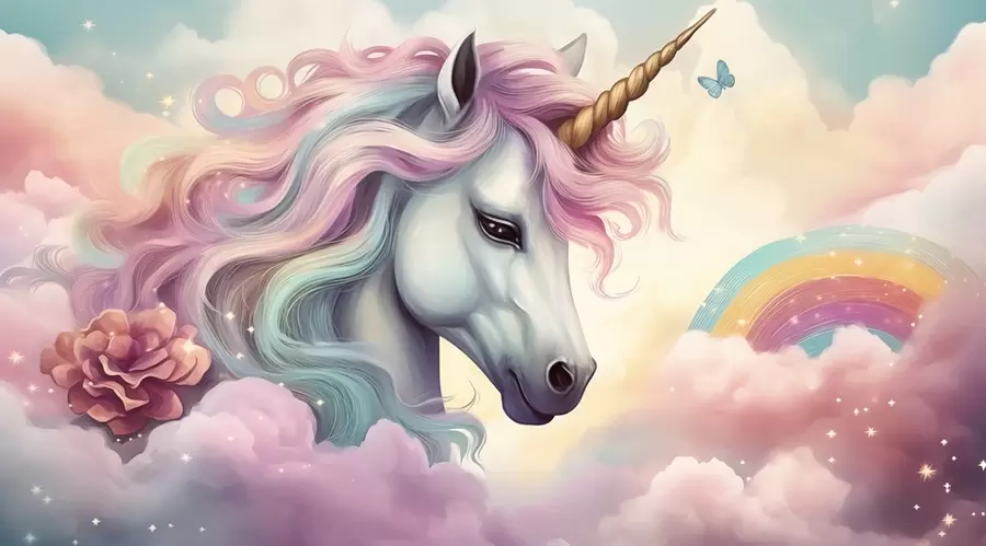 Papier peint Licorne dans un ciel nuageux avec un arc-en-ciel w04372