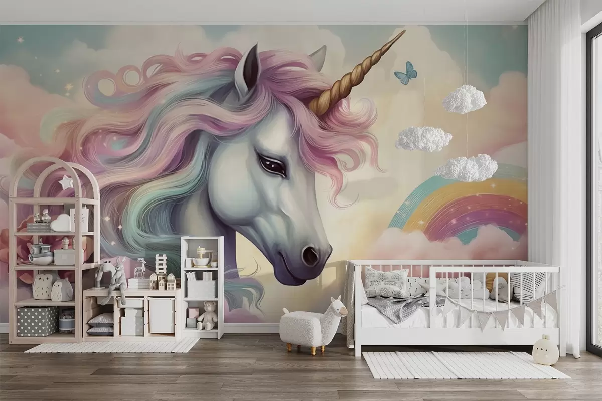 Papier peint Licorne dans un ciel nuageux avec un arc-en-ciel w04372
