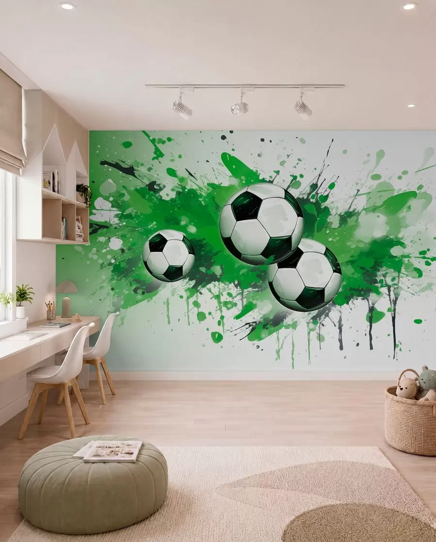 Papier peint Ballons de foot en jets verts w04373v1