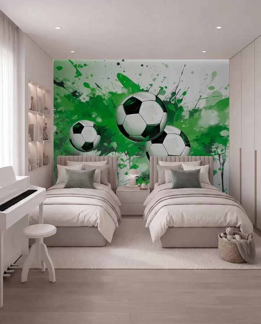 Papier peint Ballons de foot en jets verts w04373v1
