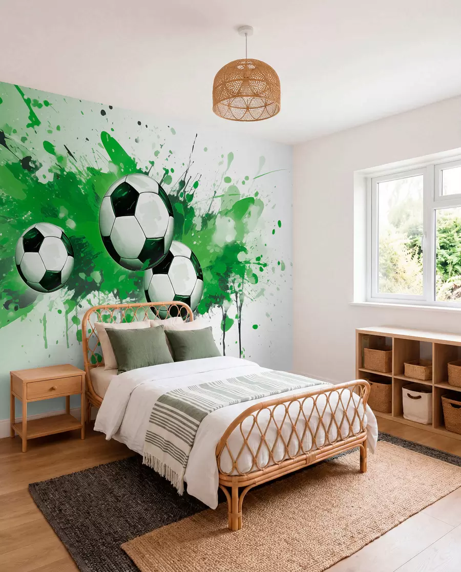 Papier peint Ballons de foot en jets verts w04373v1