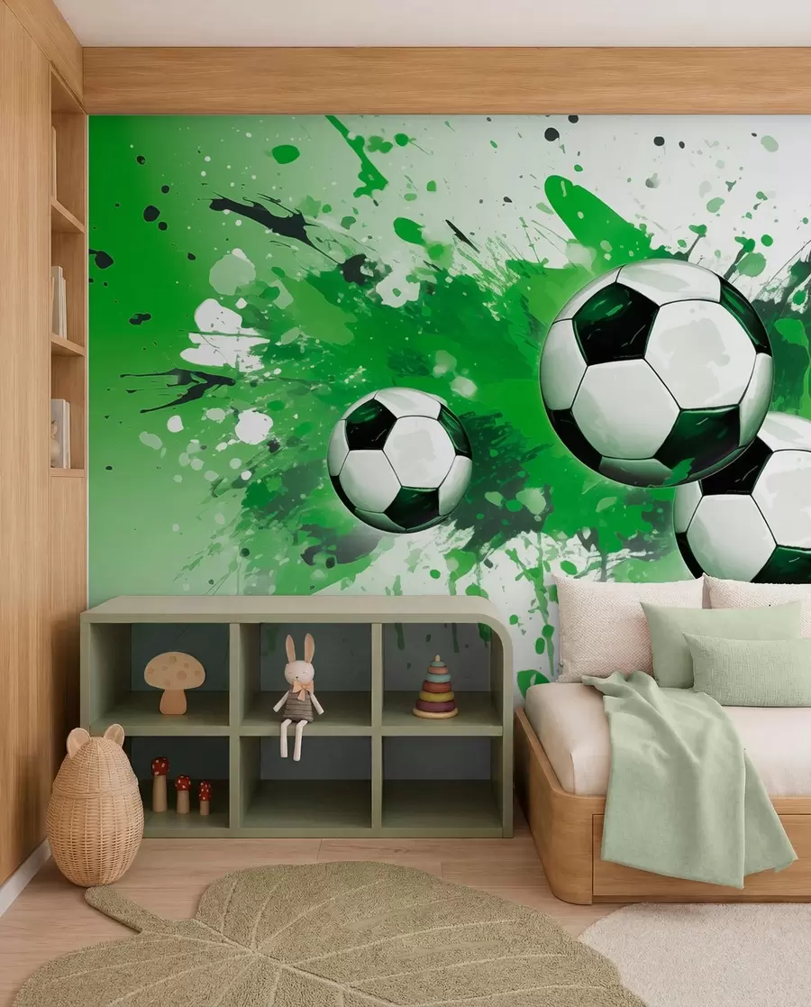 Papier peint Ballons de foot en jets verts w04373v1