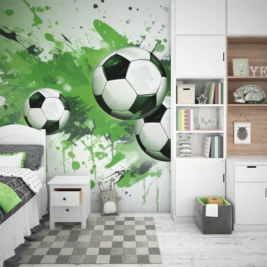 Papier peint Ballons de foot en jets verts w04373v1