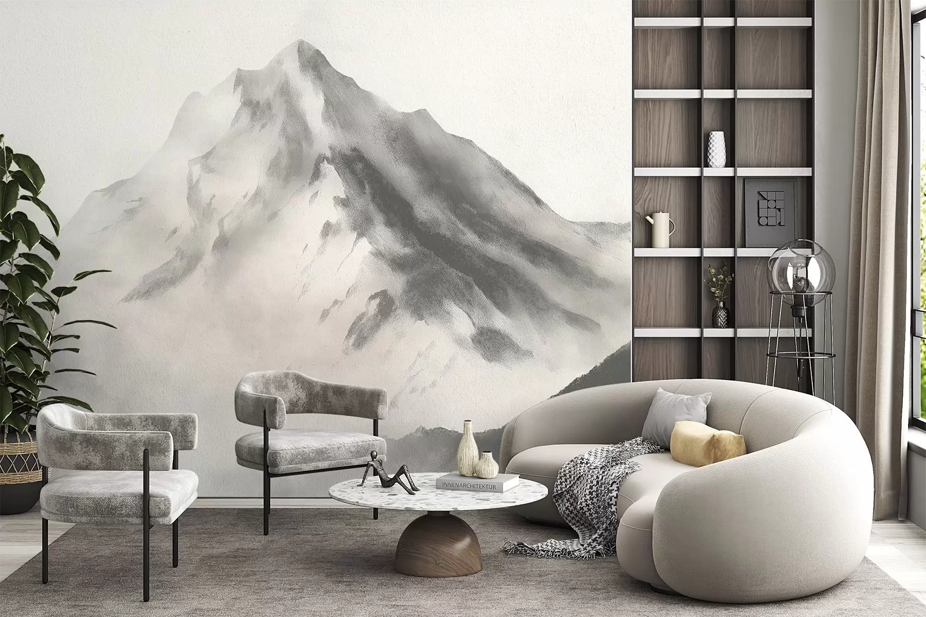 Papier peint Montagnes minimalistes dans le brouillard avec une texture fine w04374